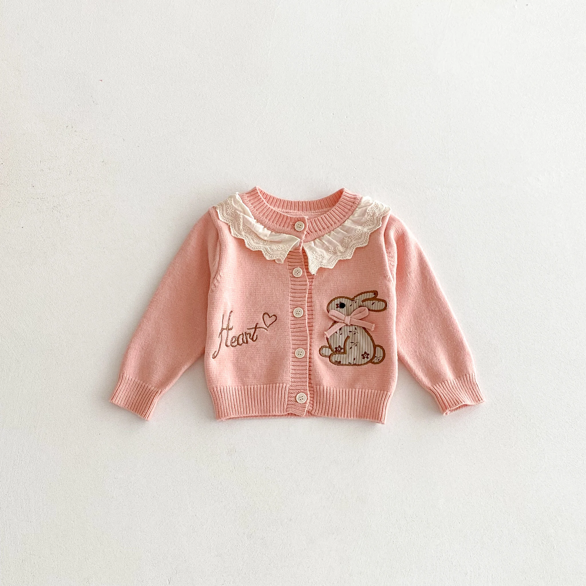 Spring and Autumn 2026 New Style Girl's Embroidered Rabbit Knitted Coat, Round Neck Sweater, Cardigan Coat