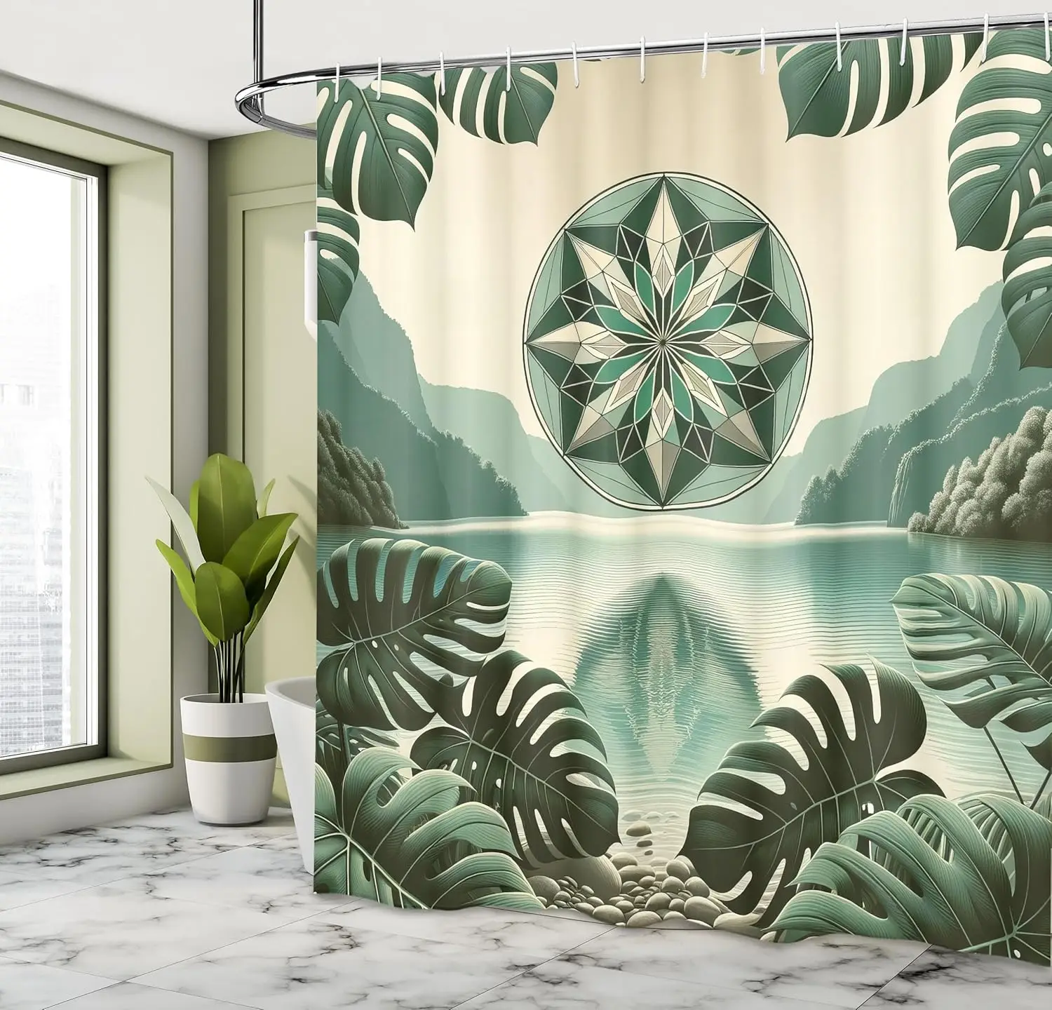 

Sage Green Shower Curtain, Tropical Dream of Monstera Ornate Peaceful Lake Mountains Floral Mandala, Cloth Fabric Bath