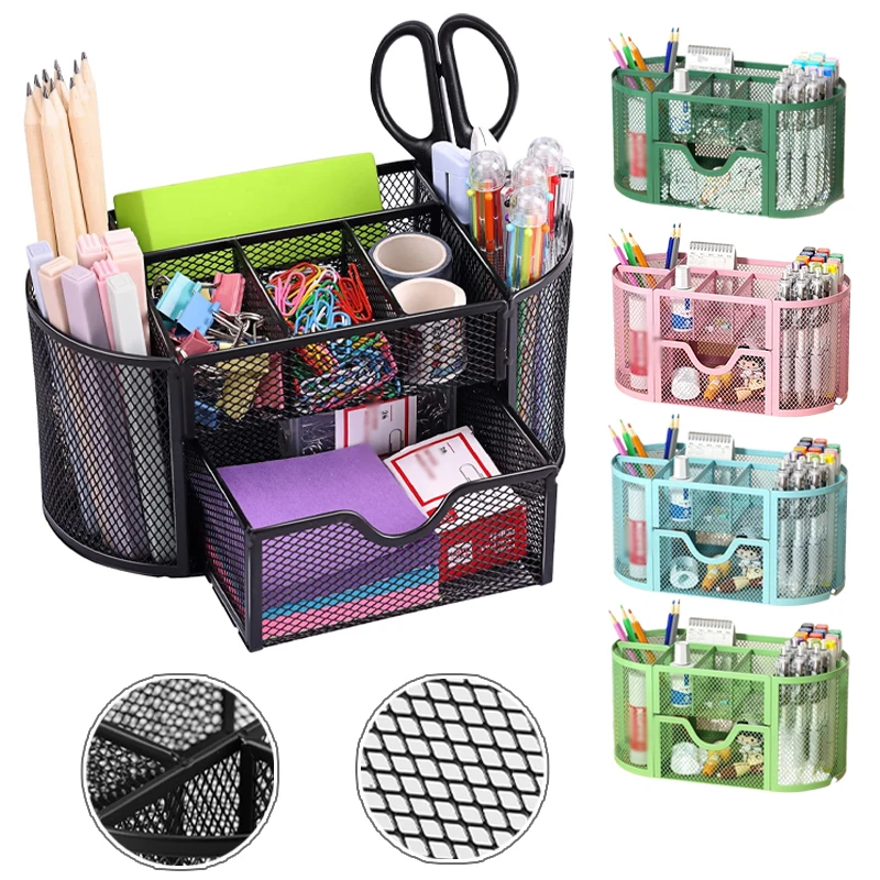 

9 Grid Makeup Brush Organizer Metal Mesh Desktop Storage Box with Drawer for Cosmetics Lipstick Nail Polish Office Stationery