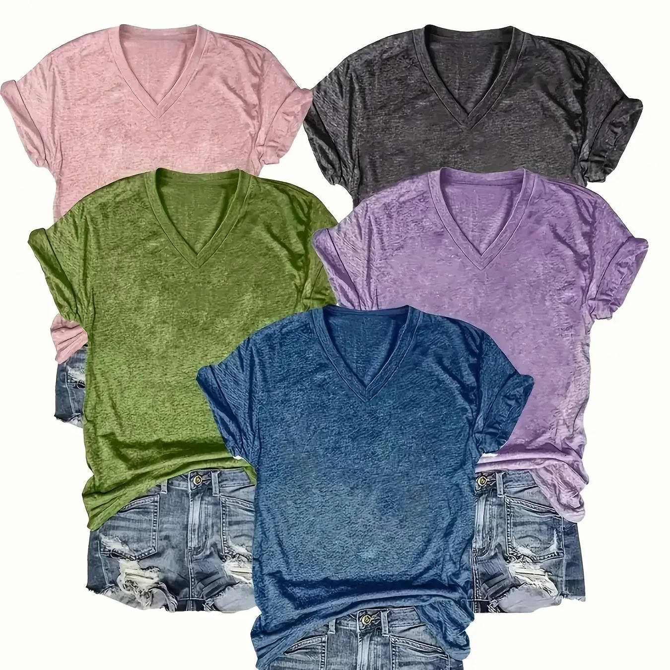 [Von Nianlian ausgewählt] Einfarbiges T-Shirt mit V-Ausschnitt, lässiges T-Shirt mit kurzen Ärmeln für Frühling und Sommer, Damenbekleidung. – Detail 2
