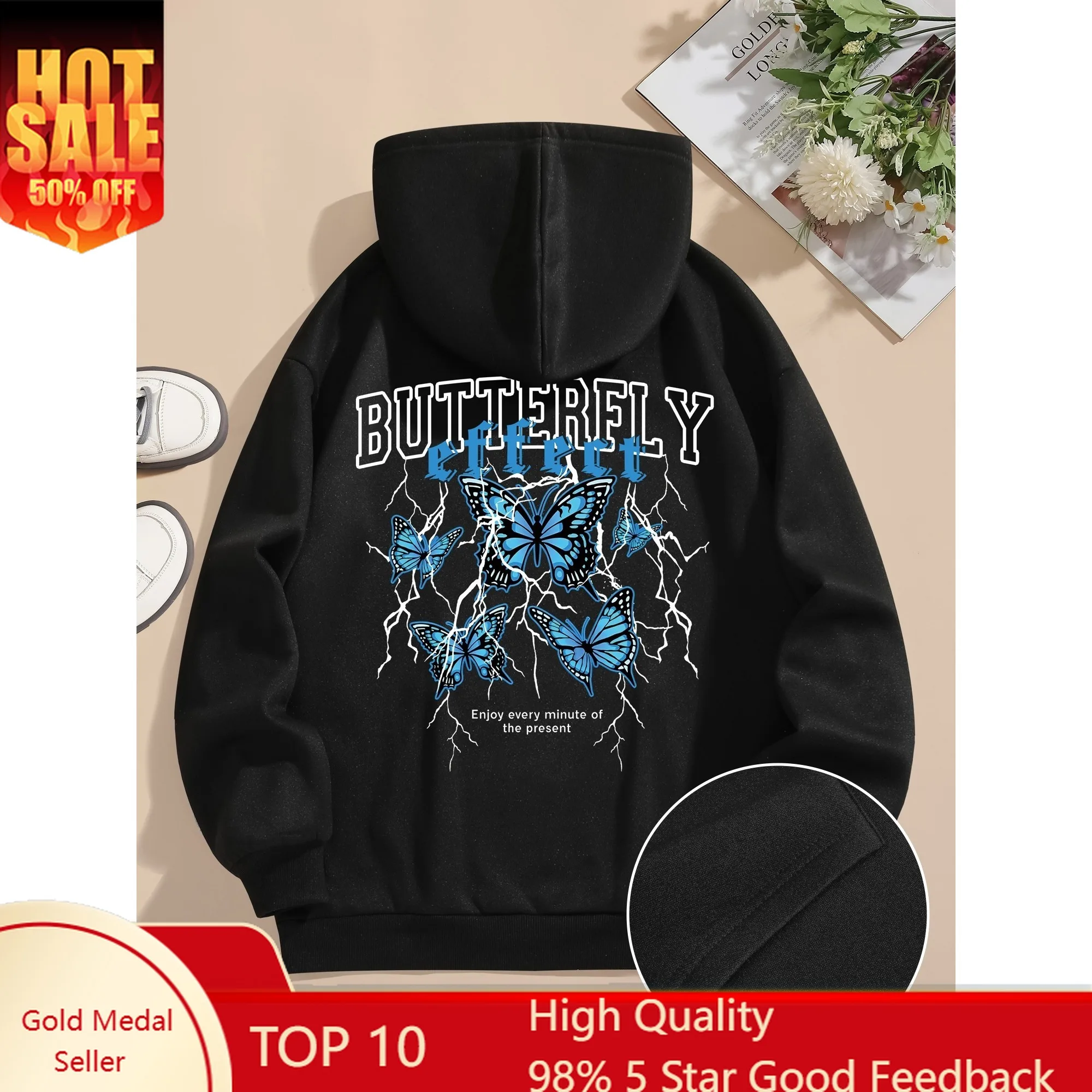 Comoda felpa con cappuccio da donna con grafica a farfalla foderata in pile - Manica lunga casual con coulisse e tasca frontale, lavabile in lavatrice