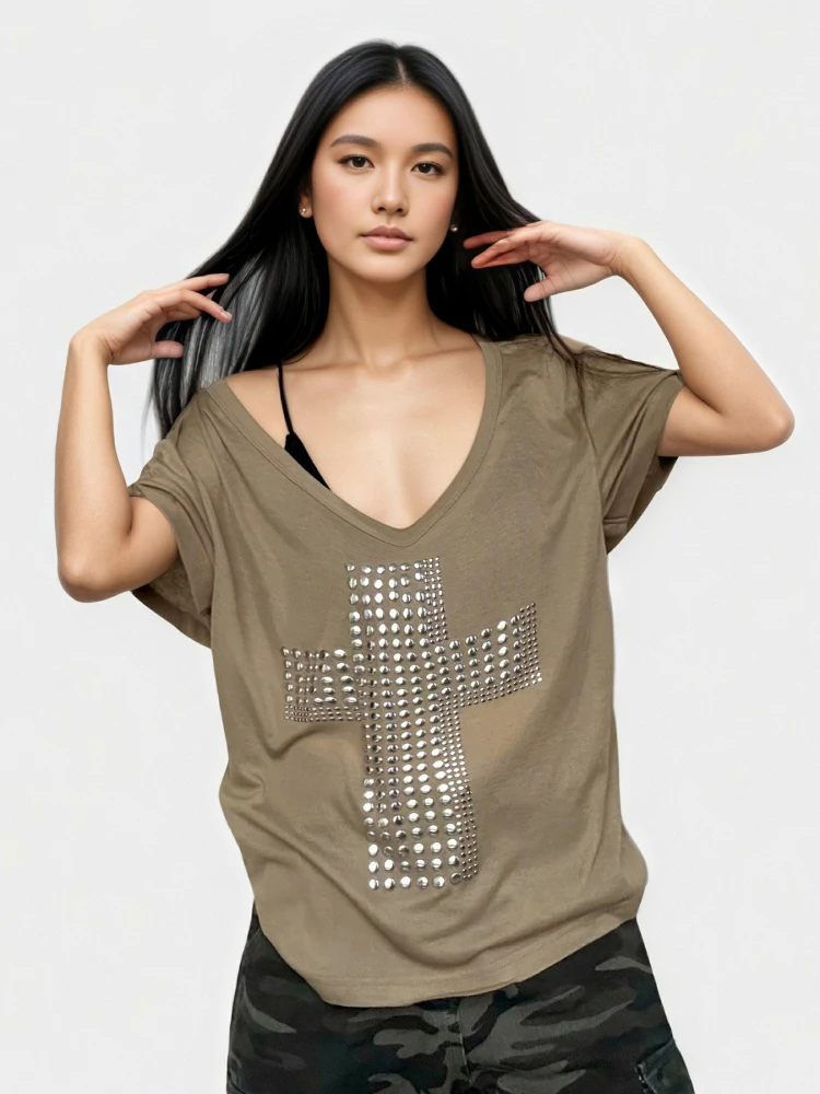 Funoff American Street Style V-Neck Copper Stamp Cross Slant Shoulder Short Sleeve T-Shirt Loose Summer Top for Women