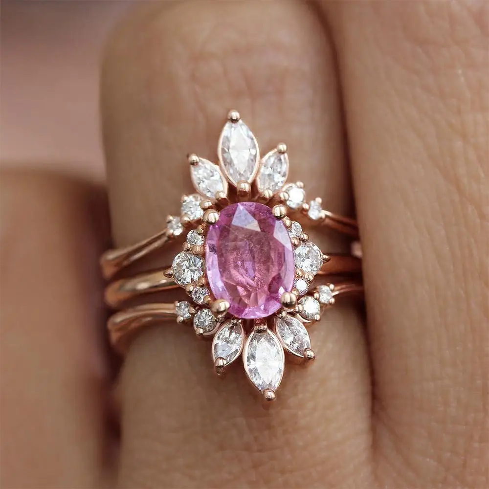 Attractive Pink White Zircon Stone Inlaid Rings Round Shape Gift for Her Party Rings Jewelry for Women