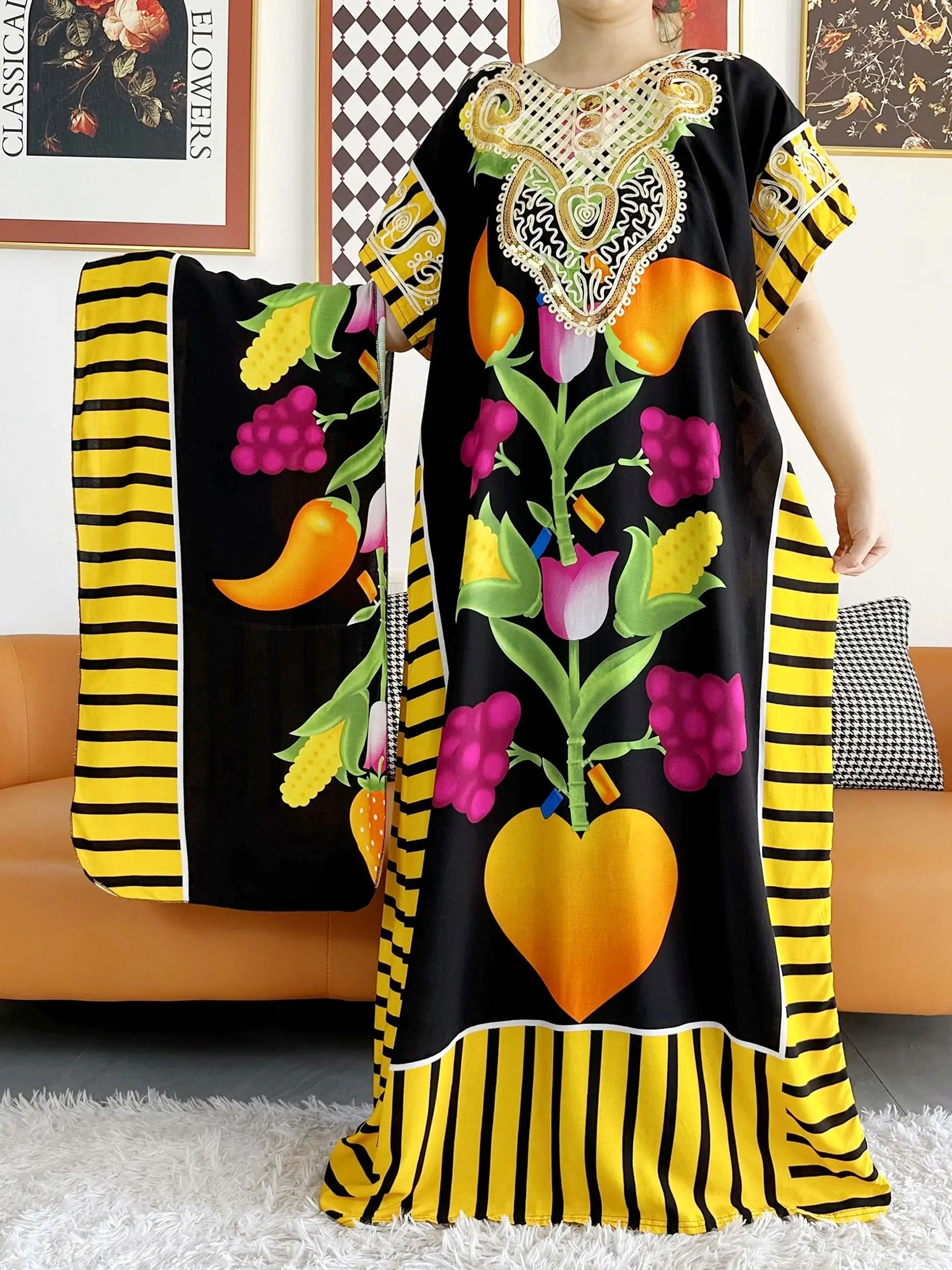 Newest Muslim Party Dress With Scarf For Women Loose Dshiki Maxi Robe Femme Musulmane African Sequnise Printed Floral Abaya