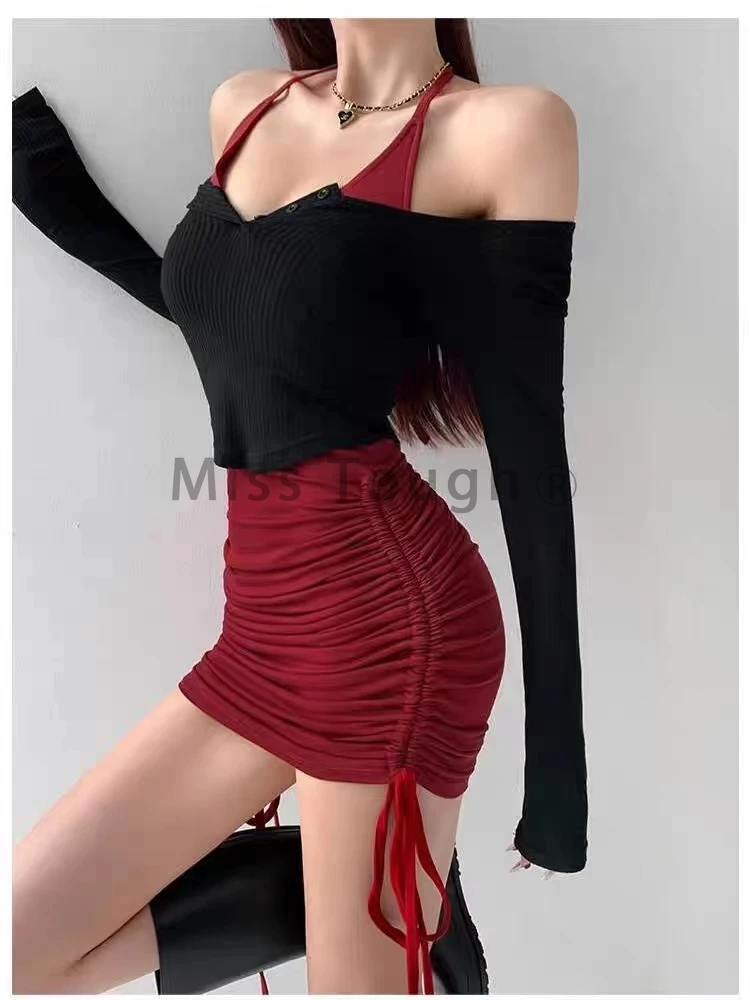 Aesthetic Sexy Skinny 2 Piece Set Strap Dress Women Elegant Y2k Slim Long Sleeve V Neck Tops + Hot Chick Lace Up Solid Dress New