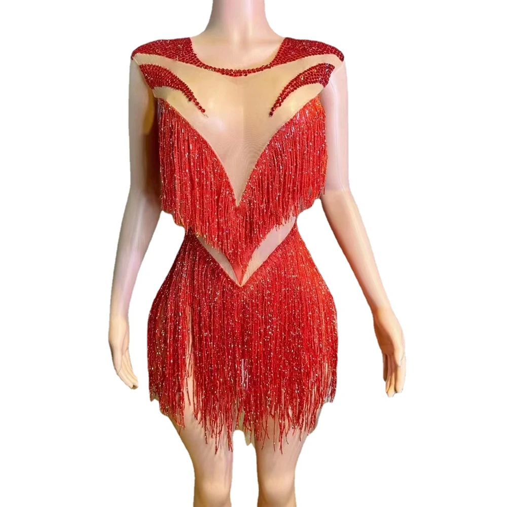 

Sparkly Rhinestones Fringes Bodysuit Sexy Dance Costume Sleeveless See Through Nightclub Performance Leotard Show Stage Wear