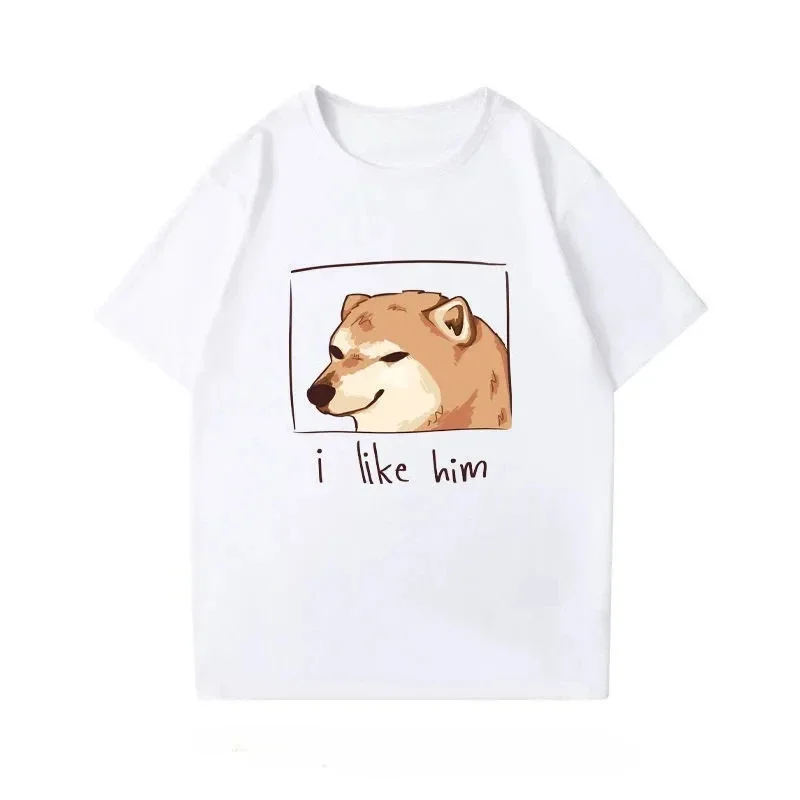 100% القطن الخالص قصيرة الأكمام الكرتون المطلي شيبا Inu مطبوعة المألوف قصيرة الأكمام تي شيرت للرجال رداء علوي غير رسمي