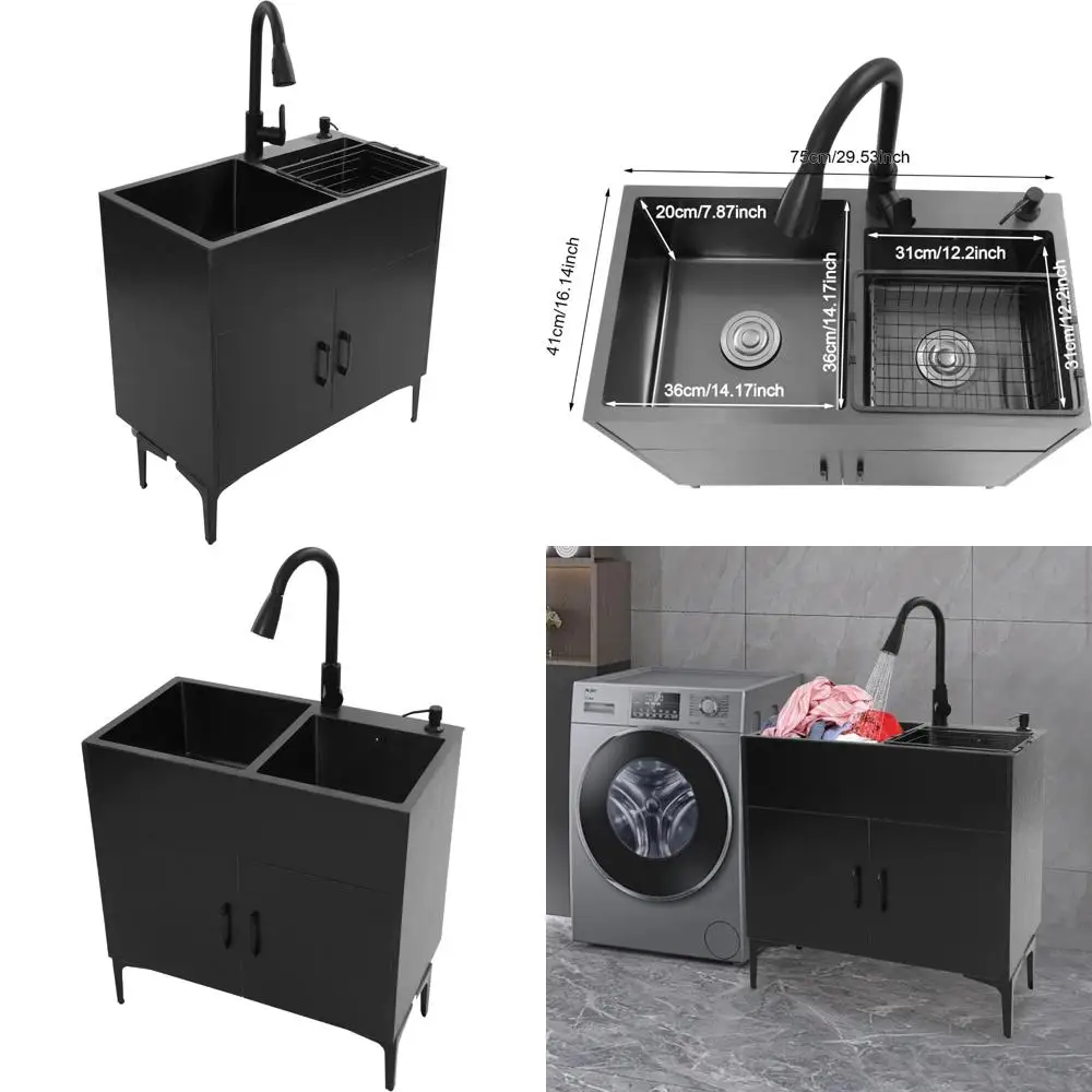 

Heavy-Duty Freestanding Utility Sink with Pull-Out Faucet, Gravity Ball, and Drain Basket for Laundry Washing and Cleaning Tasks