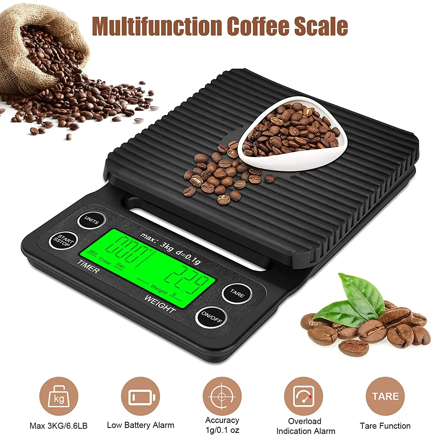 Coffee Scale with Timer Multifunctional Food Scales Digital Kitchen Scales 3/5kg Coffee Bean Scale for Pour Over and Drip Coffee