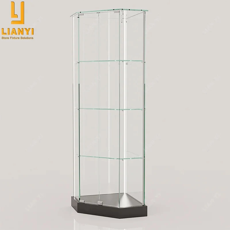 custom.Full-lock frameless display cabinet with corner LED lighting glass display cabinet