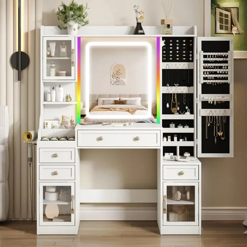 

LED Lighted Vanity Desk with RGB Lighting, White Makeup Table featuring Jewelry Cabinet, 4 Drawers, and 3 Storage Compartments