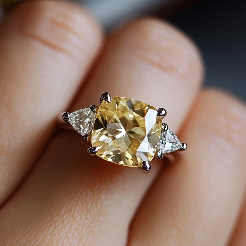 SGARIT Fine Jewelry 925 Sterling Silver Cushion Cut Natural Lemon Quartz Ring for Women Birthstone Gift Elegant Crystal Jewelry