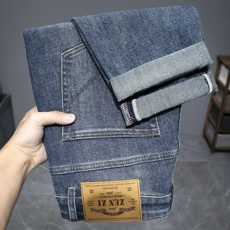 

Винтажные модные синие мужские джинсы, осень-зима, повседневные деловые классические хлопковые брюки, мужские тонкие прямые эластичные джинсовые брюки