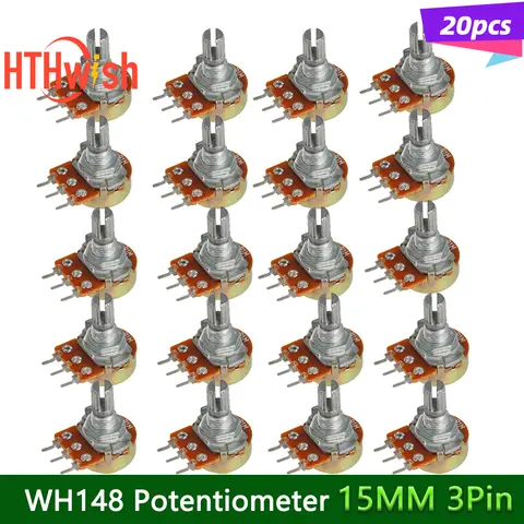 20PCS 15mm 3pin WH148 Linear Potentiometer พร้อมถั่วและเครื่องซักผ้าความต้านทาน 1K 2K 5K 10K 20K 50K 100K 250K 1M Potentiometers ชุด