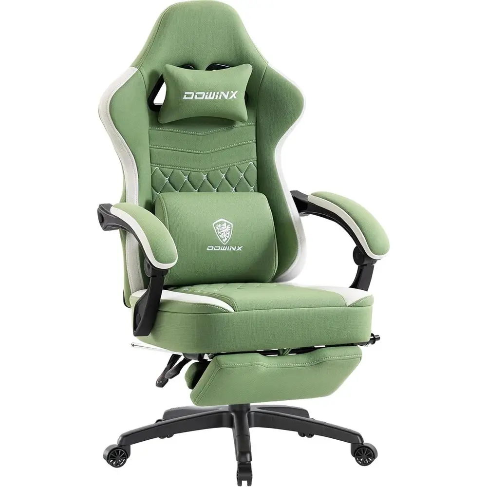 

Breathable Fabric Gaming Chair with Gel Padding, Storage Bag, and Footrest - Comfortable Ergonomic Computer Seat in Green and Wh