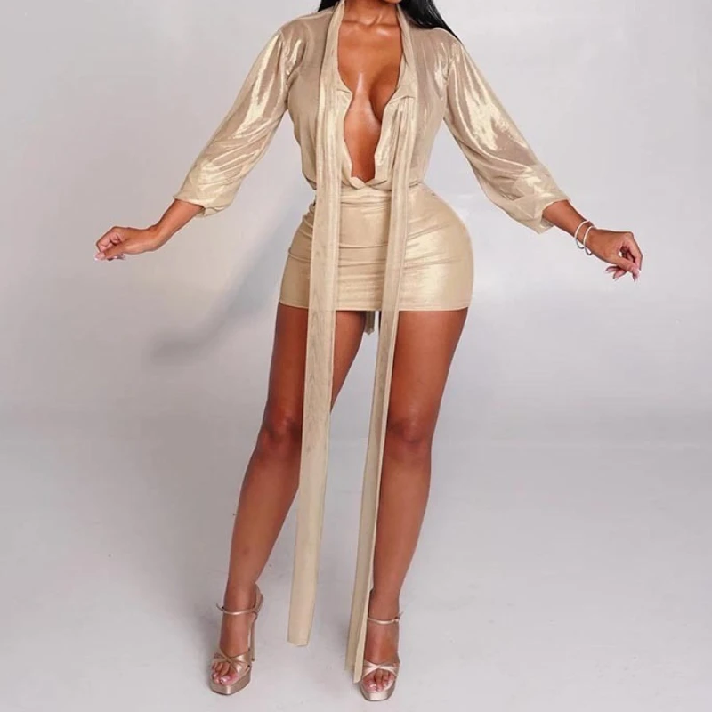 

Party Skirt Women Outfits 2025 Fall Matching 2 Piece Sets Long Sleeve V Neck Blouse Tops Sexy Club Wrap Mini Fashion Skirt Suits