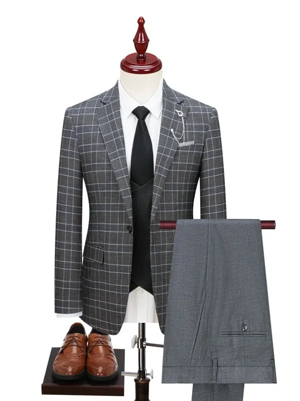 

Fashion Checkered Fabric Wedding Suits for Man One Button Notch Lapel 2Pcs Blazer Pants Business Office Evening Party Customized