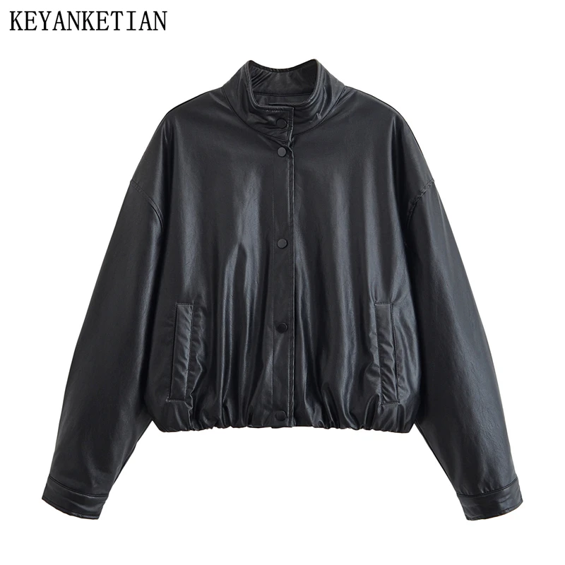 KEYANKETIAN Herbst Neue frauen Stehkragen Einreiher Lange Ärmeln Schwarz Leder Jacke Frauen Baseball Jersey