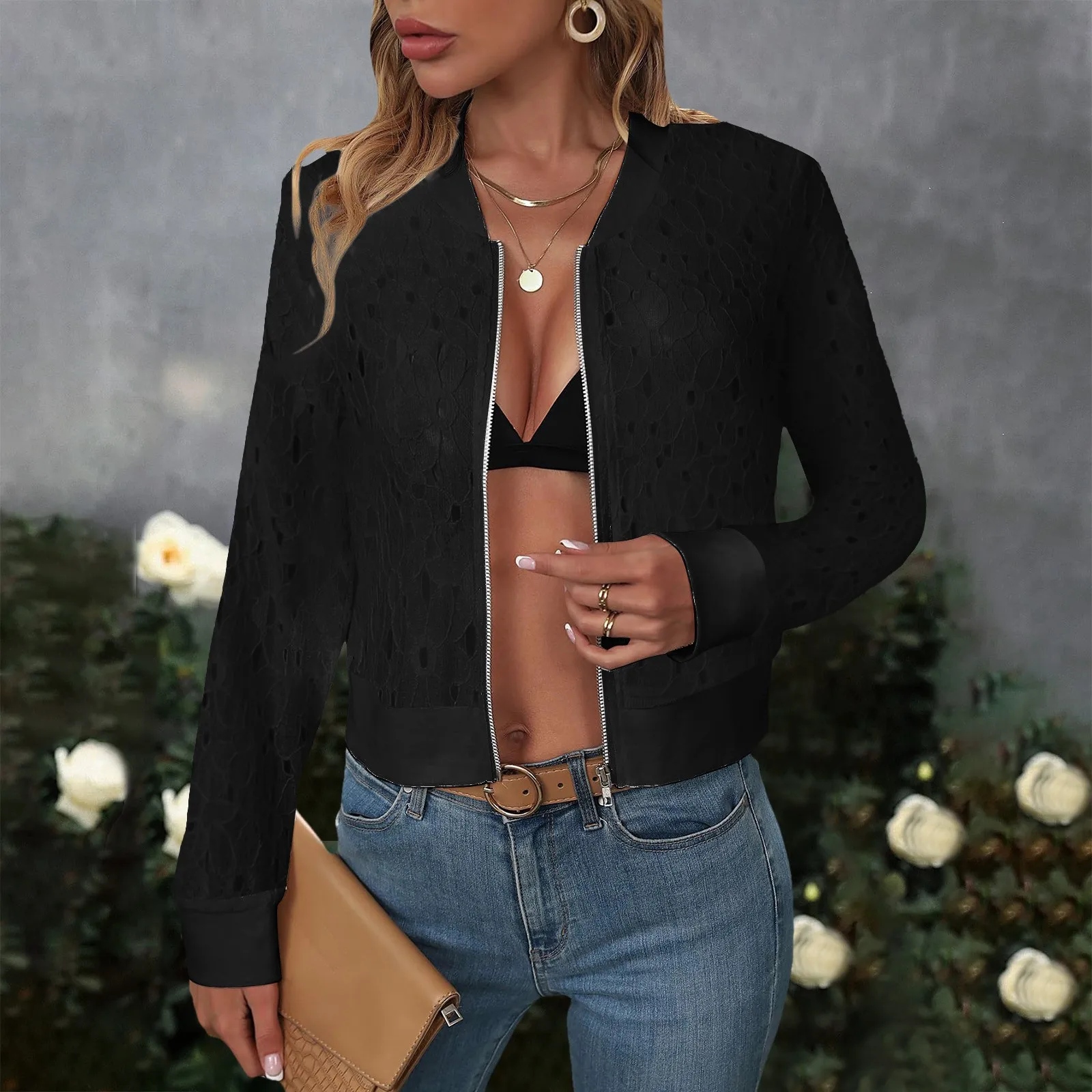 Women'S Solid Lace Coat Long Sleeve Baseball Zipper Cardigan Loose Cover Up Casual Jacket Streetwear Crop Top Zip Up Coats