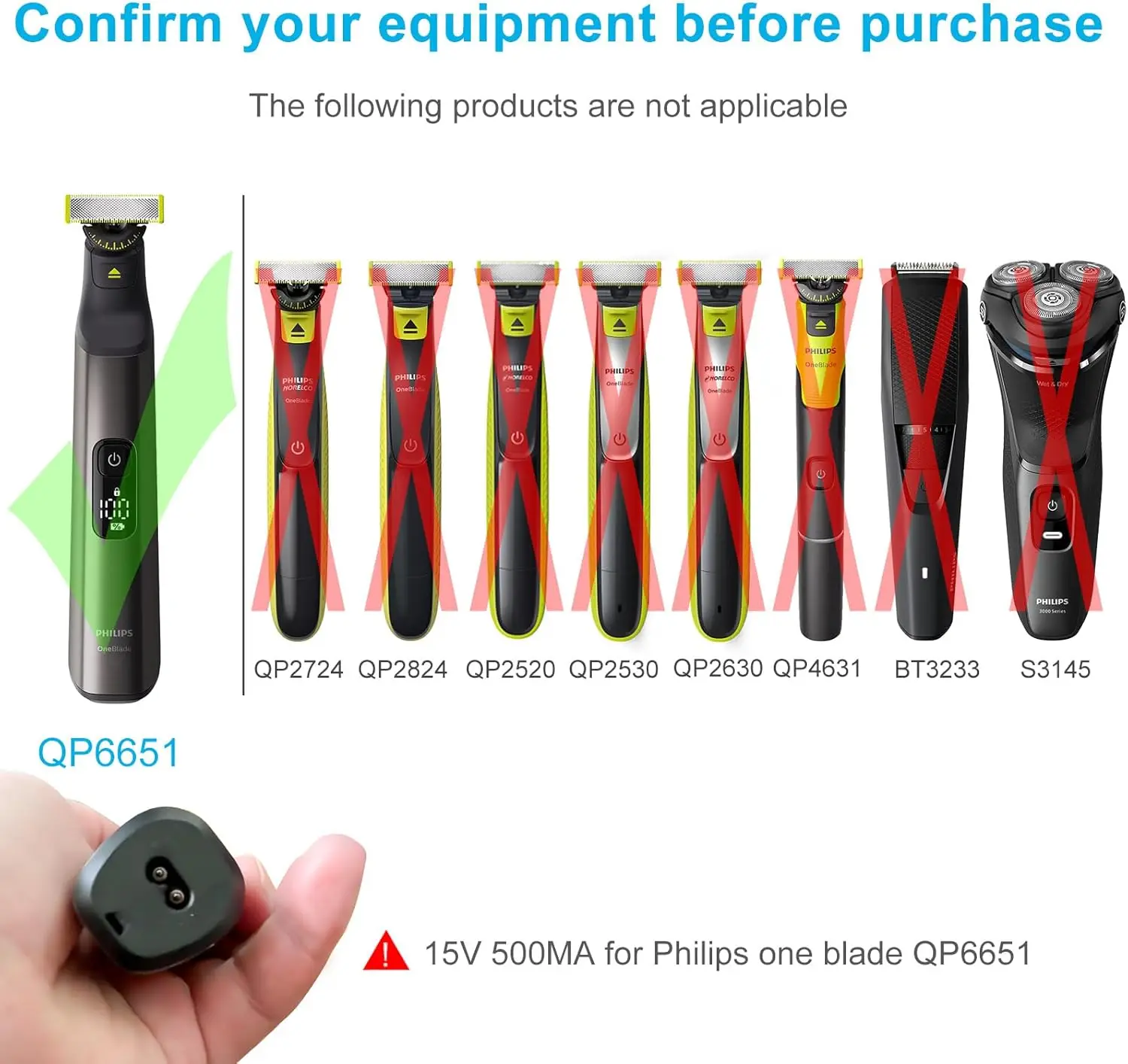 15V for Philips Shaver Charger HQ8505 Cable for Philips Norelco Series 3000, 5000, 7000, 9000, One Blade QP6651 BT5502 BT9810