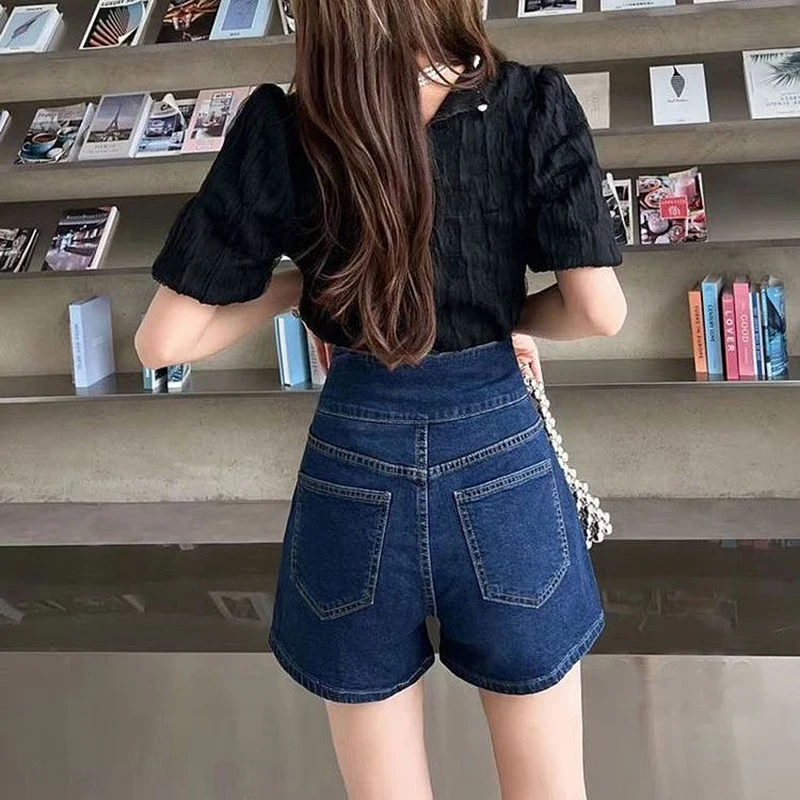 Deep Blue Denim Shorts for Women Retro Casual High Waisted Buckle Hot Pants 2026 Summer New Waist Cinched A-Line Shorts