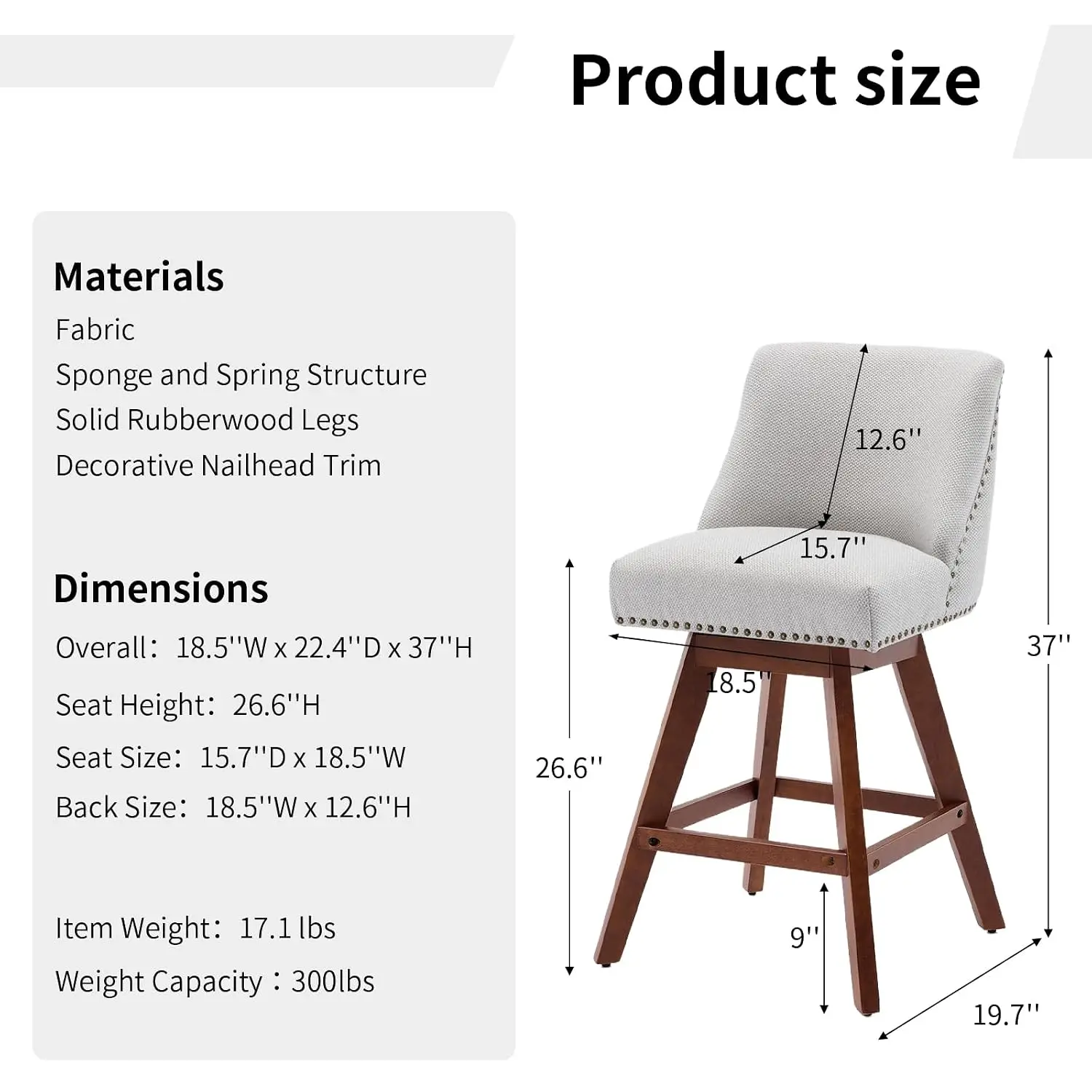 Swivel Counter Height Bar Stools Set 6, Modern Kitchen Island Barstools with Backs, Linen Fabric Chairs Wood Legs, Customized
