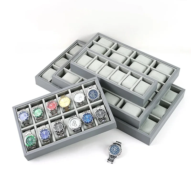 Gray Pu Leather Watch Display Tray With Large Capacity 6/12/24 Grid Watch Display Tray For Men And Women\'s Jewelry Storage