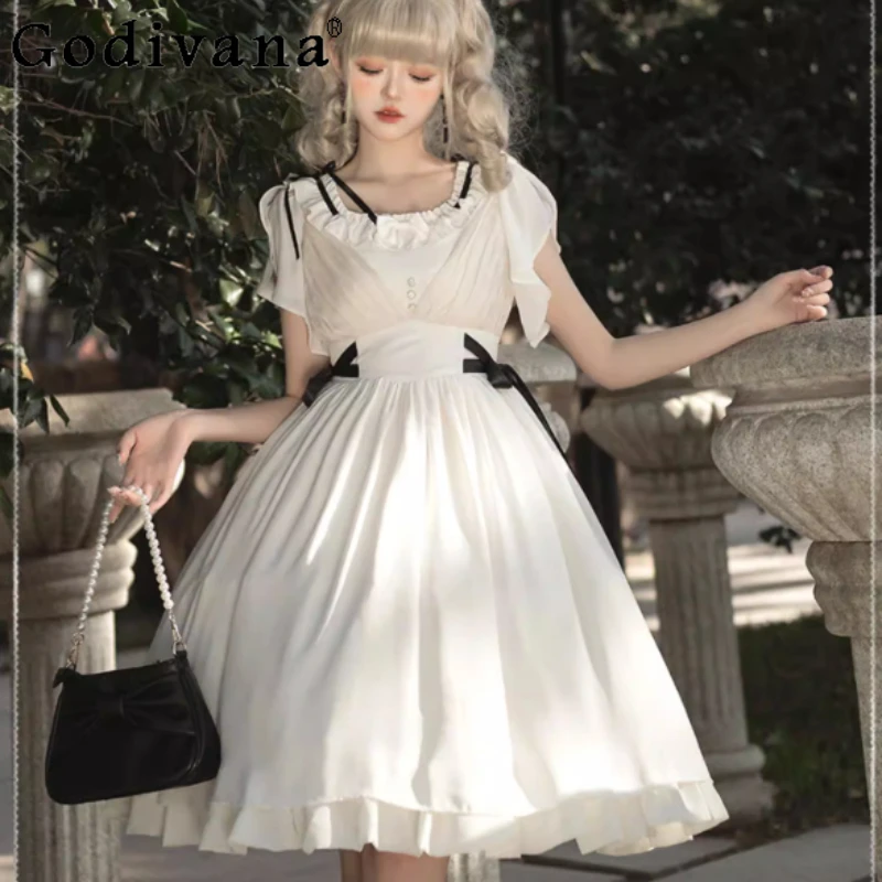 

Spring Summer Lolita Women Elegant Chic Lace-up White Dress Fashion High Waist A-line Versatile Age-reducing Chiffon Dresses