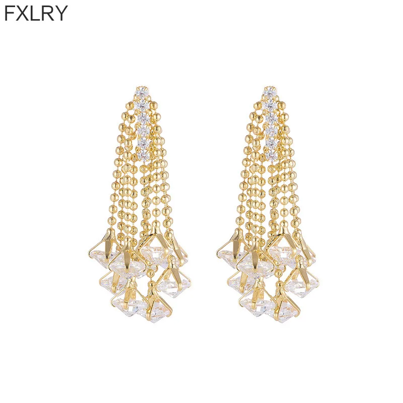 FXLRY New Bright Flash Zircon Tassel Line S925 Silver Needle Banquet Custom Earrings For Women