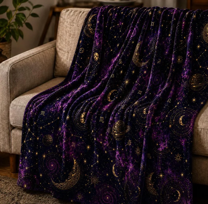 Whimsigoth Celestial Throw Blanket Astrology Zodiac Moon and Stars Blanket Purple Witchcore Decor Gothic Couch Blanket Cozy Gift