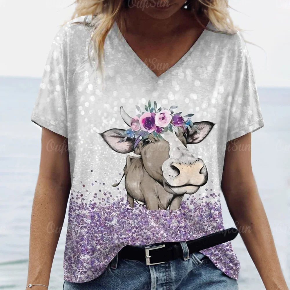 Summer Women's T-Shirt Y2k Style Short Sleeve Tops Anime Cow Print Ladies Clothing Female Loose Blouse V-Neck Fashion Streetwear