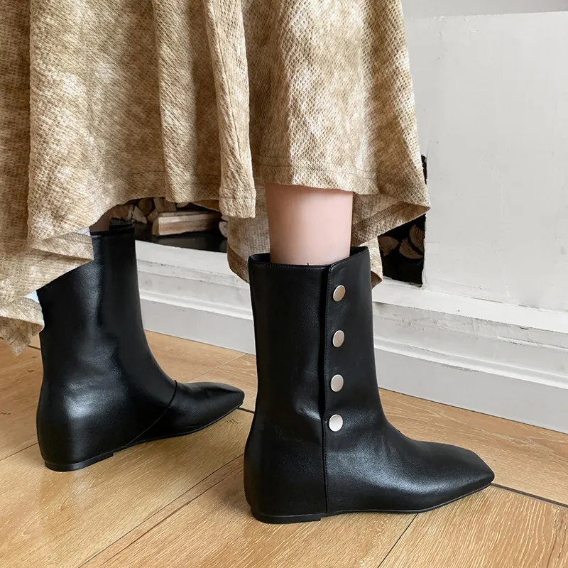 MKKHOU Botas cortas de moda para mujer, nuevas botas de ante de alta calidad con cabeza cuadrada y aumento de altura interna, botines ligeros