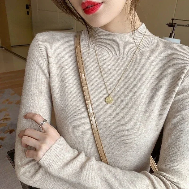 

Autumn And Winter Cashmere Sweater Women Half Turtleneck Pullover Women's Solid Color Casual Long-sleeved Slim Knitted Sweater