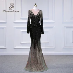 Sexy Deep V Sequin Long Sleeves style mermaid evening dresses vestidos formales vestidos de fiesta robe de soiree de mariage