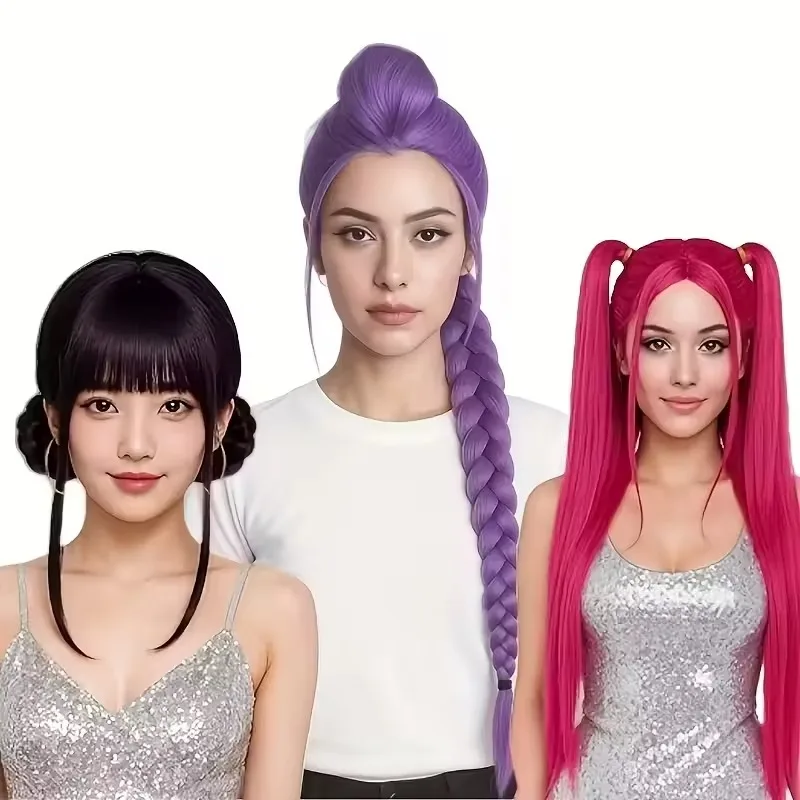 Anime Long Purple Braiding Hair Extension Ponytail Wig Cosplay Halloween Golden Costume Pink Black Bun Synthetic Wig Girl Kids
