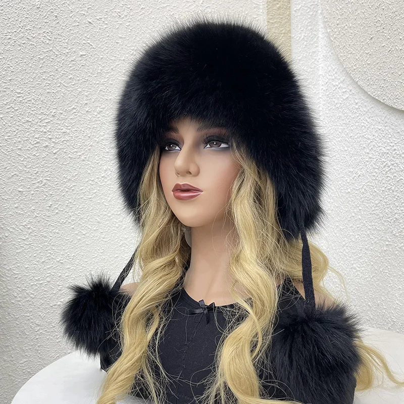 100% Natural Fox Fur Hat Y2k Cute Beanie Earflap Hat Autumn Winter Women Warm Knit Hat Pile Caps Women Ear Fur Hats