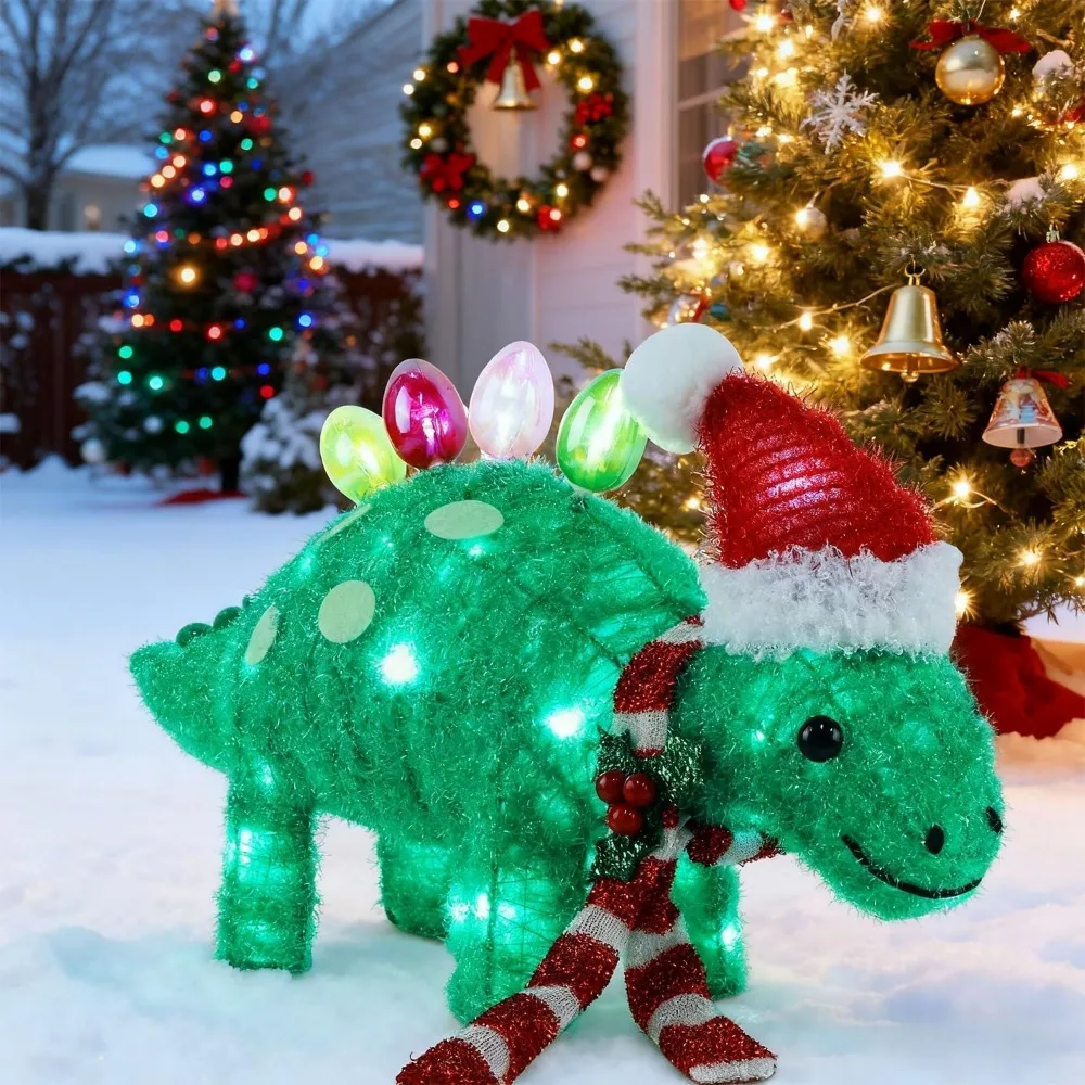 Beleuchtete 3D-Lametta-Stegosaurus-Weihnachtsdekoration, vorbeleuchtete grüne Dinosaurier-Hofkunst für den Außenbereich, 25 Länge x 13 Höhe