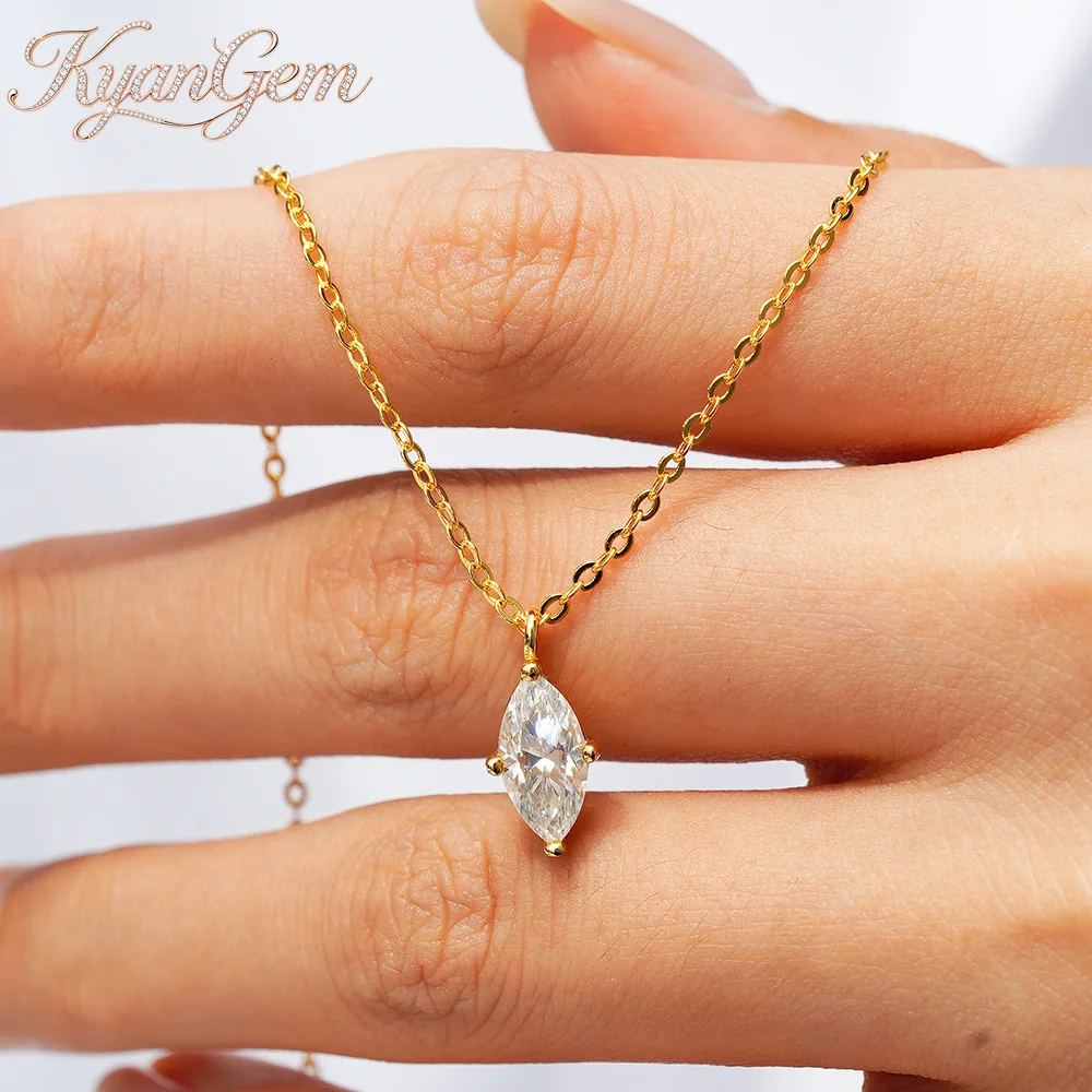KyanGem 1-Carat Marquee-Cut Pendant Women's 18K Gold Moissanite Necklace for Daily Wear Stylish