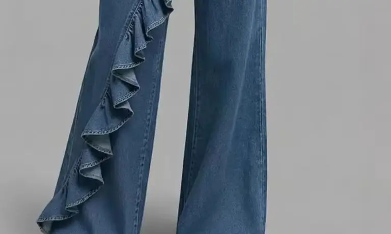 

Women’s Jeans Wide Leg Denim High Waist Ruffle Trim Asymmetrical Hem with Pockets Vintage Streetwear Pants for Women