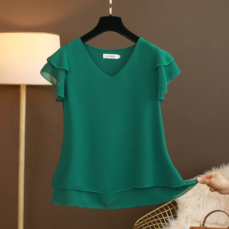 

Fashion Brand 24 Summer Niche Design Sense Short-sleeved V-neck Chiffon Shirt Short-sleeved Top Loose Casual Women's Tops Mujer