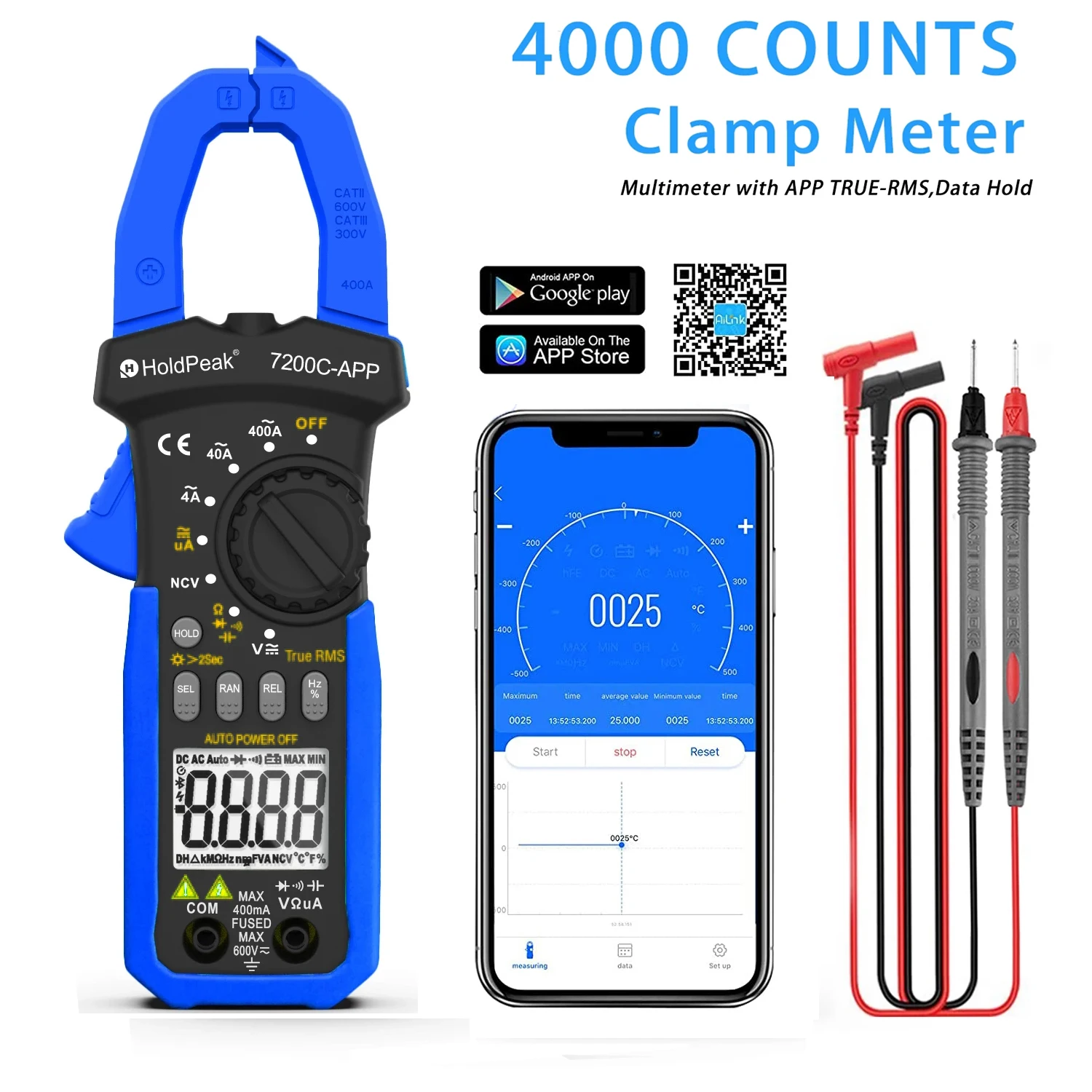 

HoldPeak HP-7200C-APP Clamp Meter Multimeter 4000 counts with Smartphone APP,AC/DC TRUE-RMS LCD Display Lamp Light Data Hold