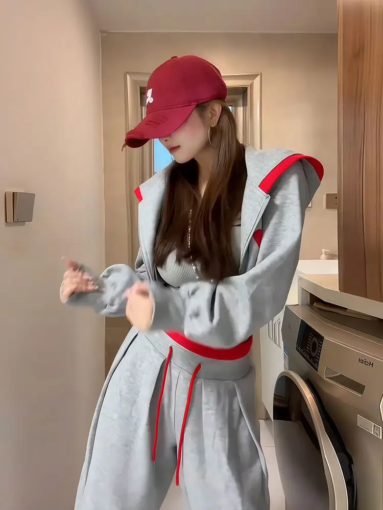 レトロアメリカンレタープリントThiened Fceレディースカジュアルパンツハイウエストストレートレッグワイドレッグパンツ秋冬新作...