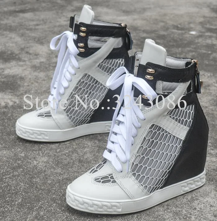 

Rose Red Mesh Woman Wedge Shoes Sneakers Fashion Lady 8cm Increasing Wedge Heel Casual Shoes Female Hollow Out Platform Shoes