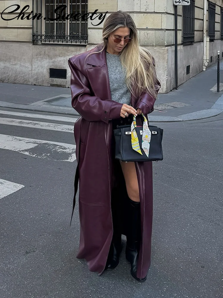 Pouliční pu kožená dámská dlouhá bunda Y2K s pevným páskem a klopou, kapsou a dlouhým rukávem, dámská bunda 2025, podzimní a zimní dámská svrchní prádlo - náhled 3