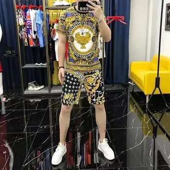 남성용 프린트 아이스 실크 반팔 티셔츠, 크루넥 세트, 고급 3D 바지, 스포츠 피트니스 투피스 세트, 여름 신상 Best5 남성용 프린트 아이스 실크 반팔 티셔츠, 크루넥 세트, 고급 3D 바지, 스포츠 피트니스 투피스 세트, 여름 신상 Best5