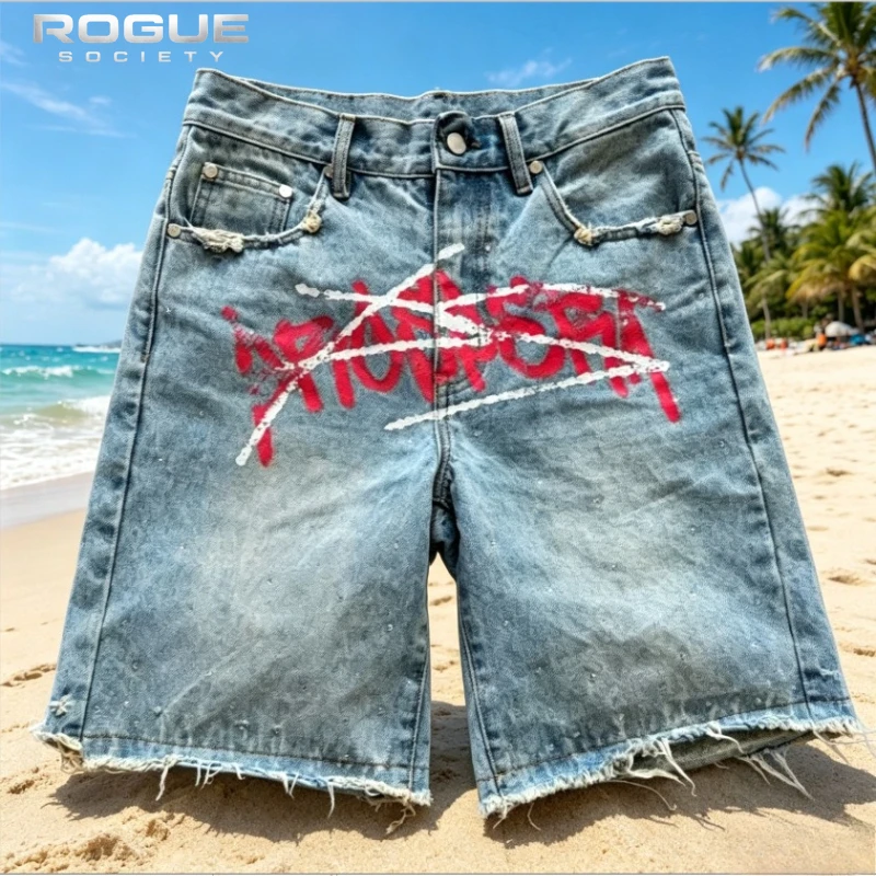 

Bermuda Retro Blue Washed Men Denim Summer Shorts Frayed Hem Leg Y2K Graffiti Jorts Streetwear Hip Hop Casual Loose Pants Unisex