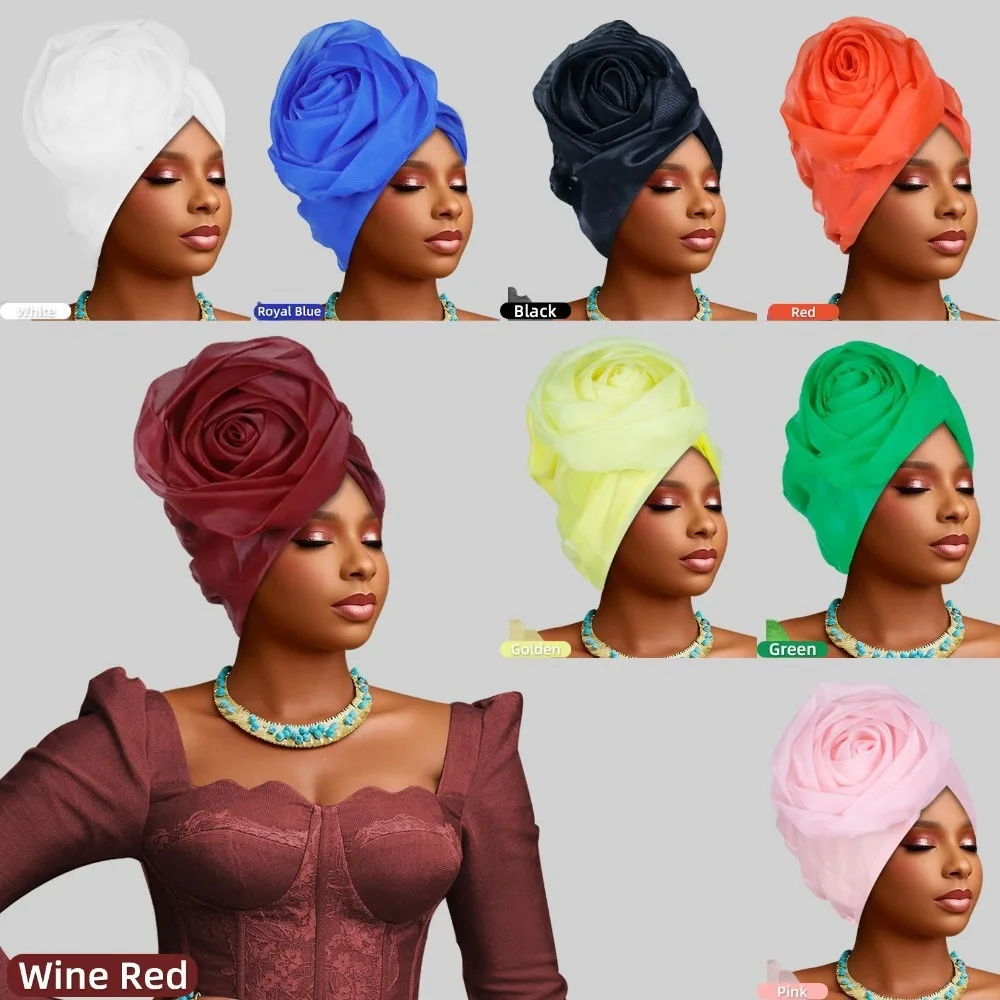 Raw Silk African Turban Caps Big Rose Flower Headwear Head Wraps Breathable Lightweight Nigerian Wedding Geles Party Headgear