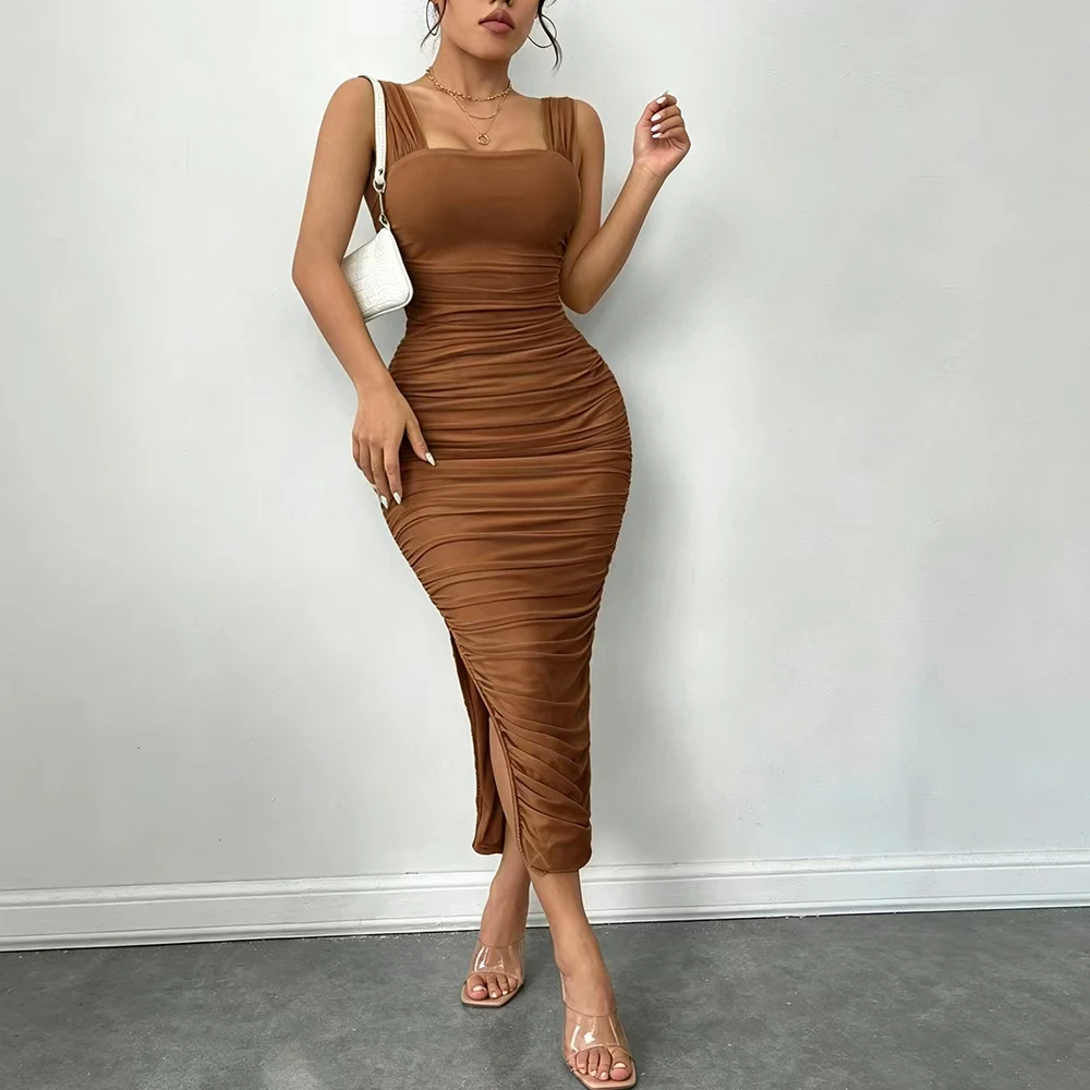 Damen Sommer Sexy Bodycon-Kleid, Damen Sexy Spaghetti-Träger, Ärmellos, mit Schlitz, Einfarbiges Etuikleid, Vestidos Party Lange Kleider 2026 – Detail 10