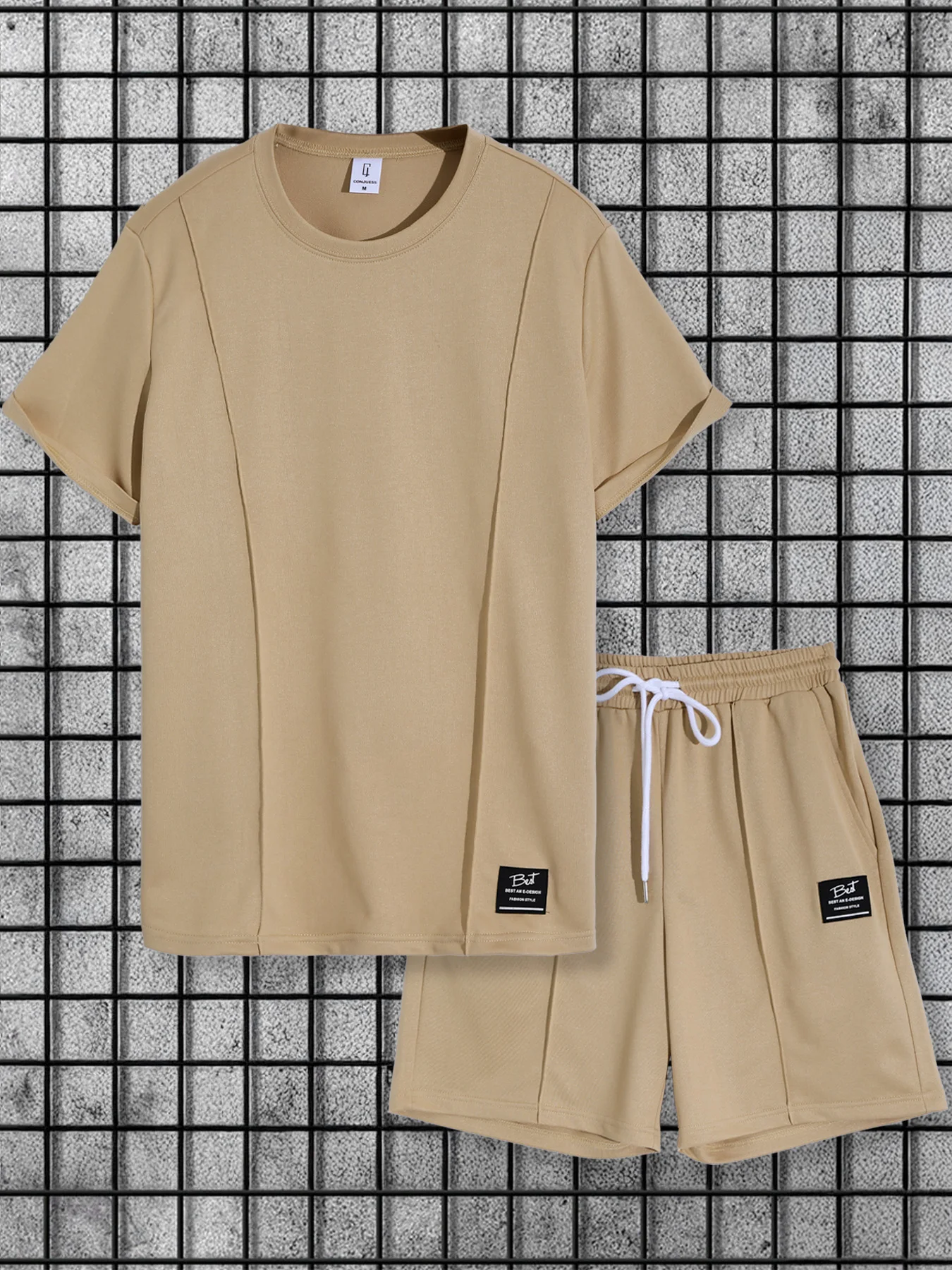 

Khaki Minimalist Panel Short Sleeve Set, Men's Casual Two-Piece Outfit