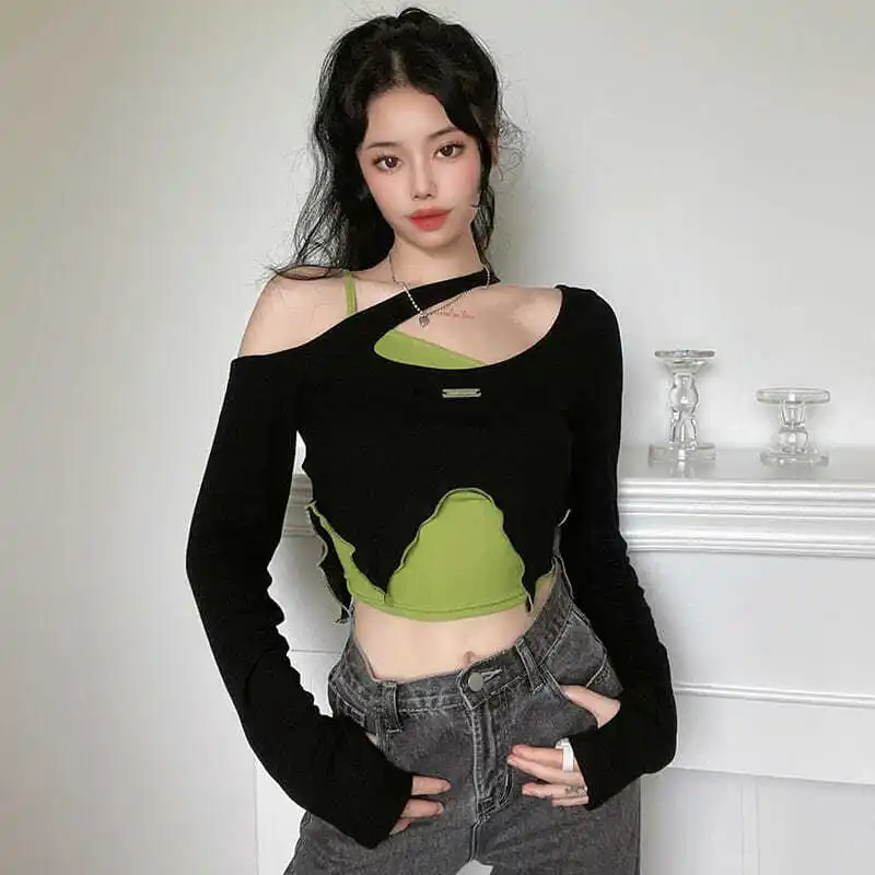 New Hollow Long Sleeve Women T-shirt + Camisole Two-piece Tee Fashion Off-shoulder Slim Asymmetric Crop Tops Woman